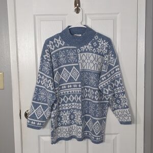 Vintage 80s Needles & Yarn Nordic Fair Isle Blue & White Pullover Sweater Size L